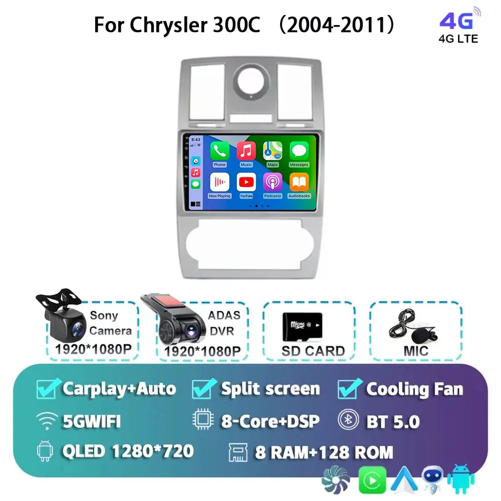 Android 15 For Chrysler 300C 2004-2011 Auto Carplay Car Radio Navigation GPS Video Multimedia Player 360 Camera 4G WIFI DSP
