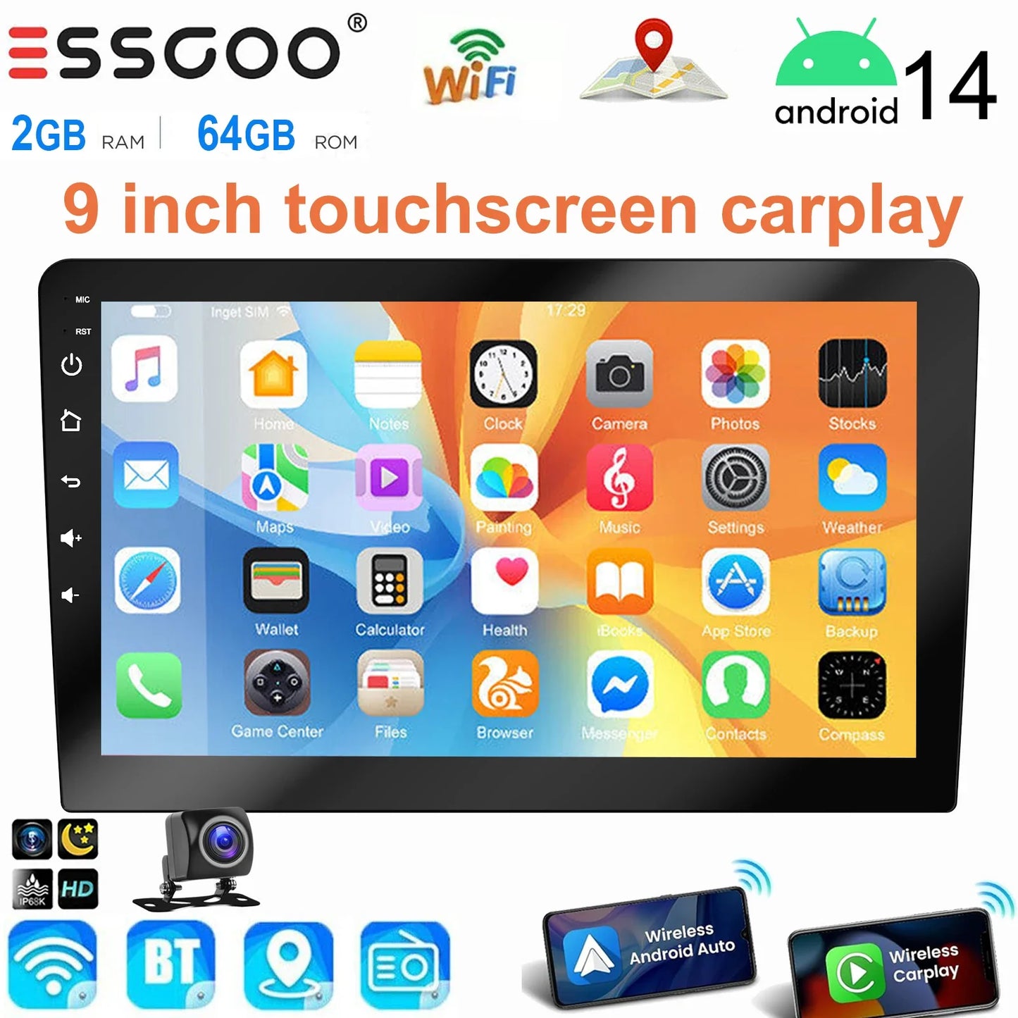 ESSGOO 9 Inch touchscreen 2 DIN Car stereo radio Android 14 Wireless Carplay Android auto play GPS Navi WiFi FM RDS SWC BT USB