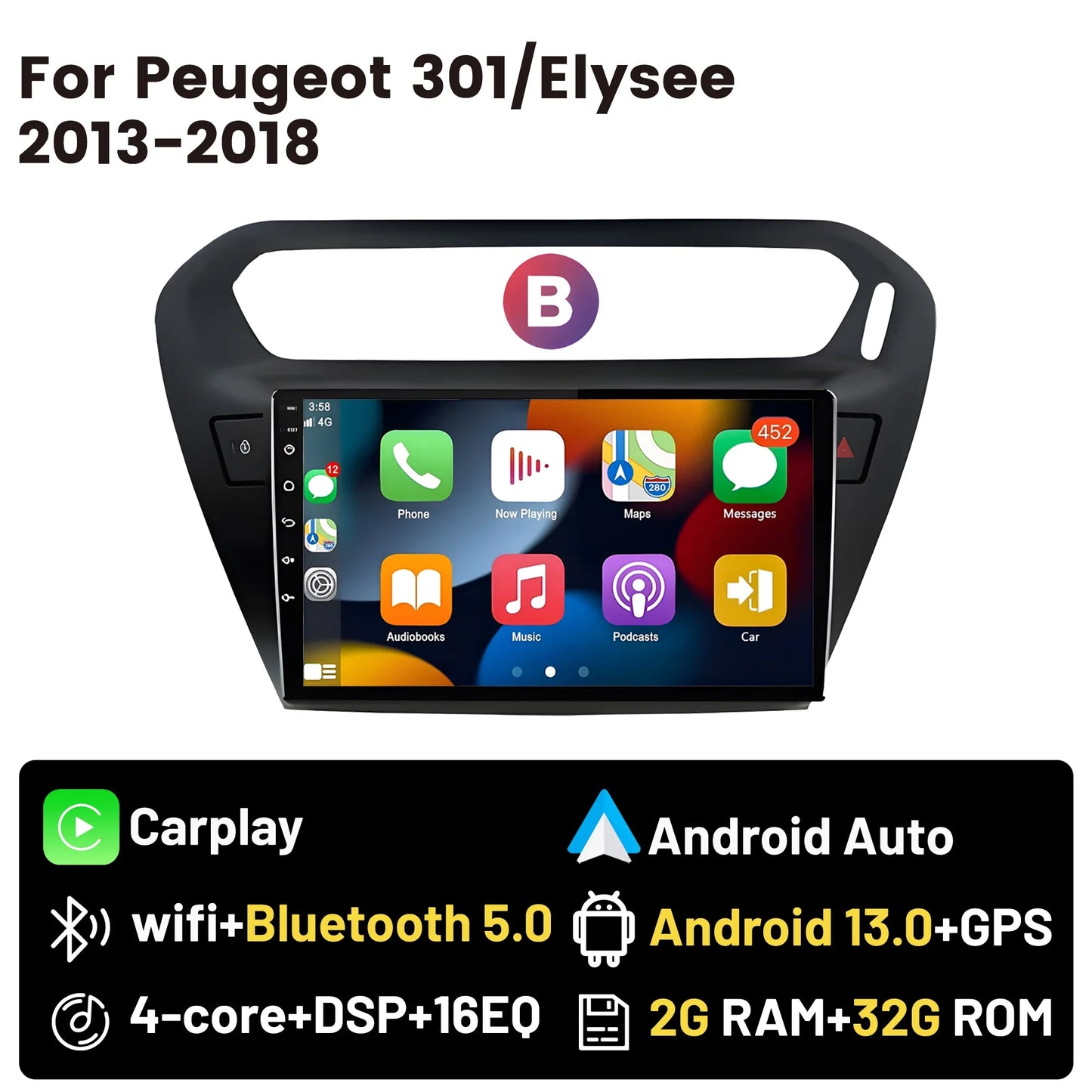 Wireless CarPlay Android Auto Car Bluetooth Radio For Peugeot 301 Citroen Elysee 2013-2018 2Din Android 14 DSP GPS FM Autoradio
