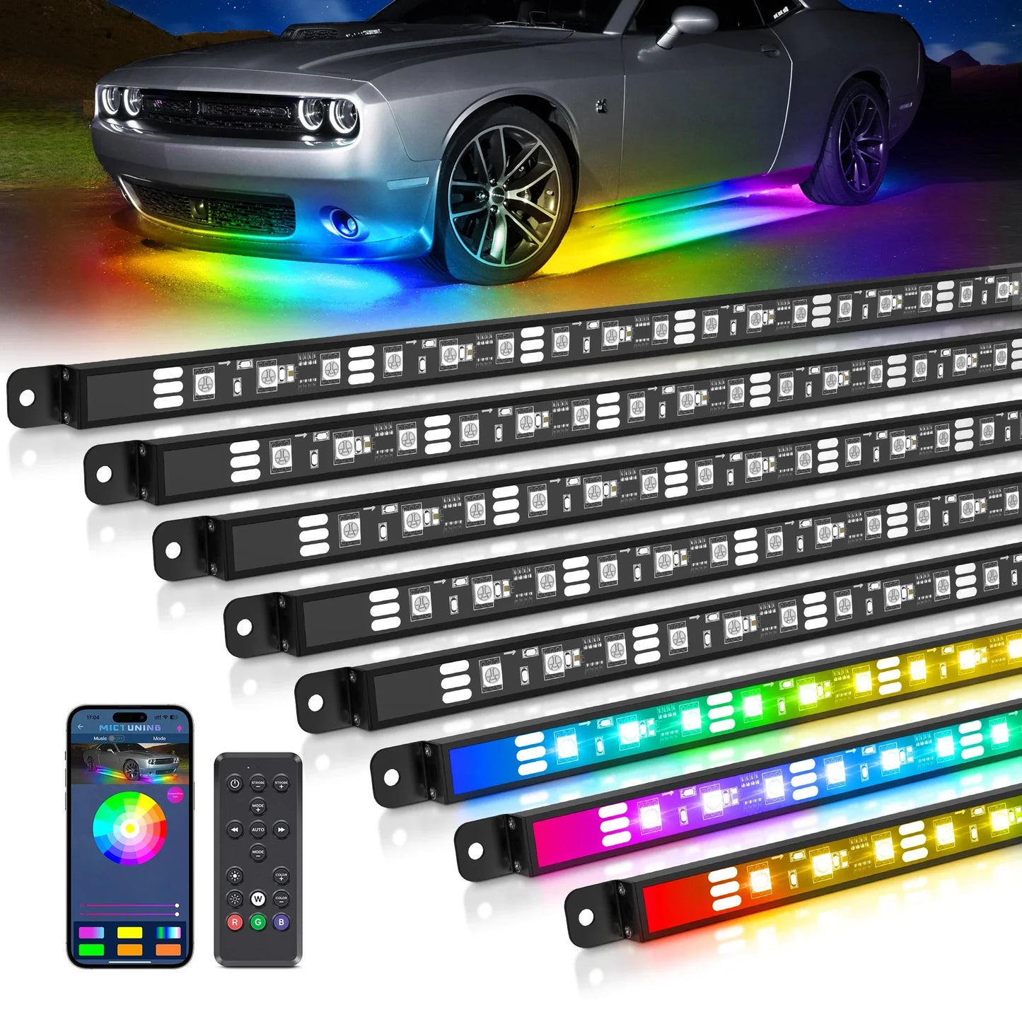 MICTUNING RGB+IC LED N8 Car Underglow Light Bar Kit Waterproof Wireless App & Remote Control For Cars Mercedes-Benz Rolls Royce