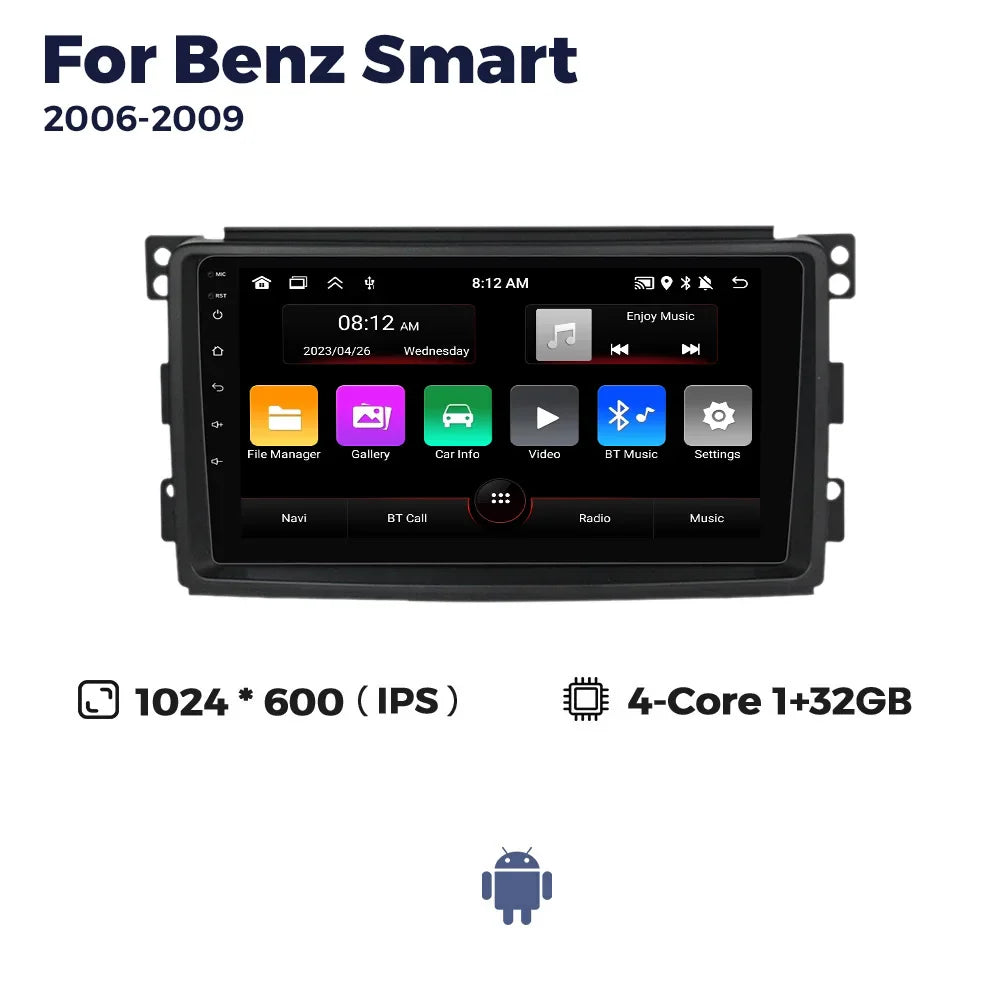 MEKEDE Android 13 AUTO Bilradio Stereo 2Din for Mercedes Benz Smart Fortwo 451 2006-2009 CarPlay WIFI Multimedia Video Player BT