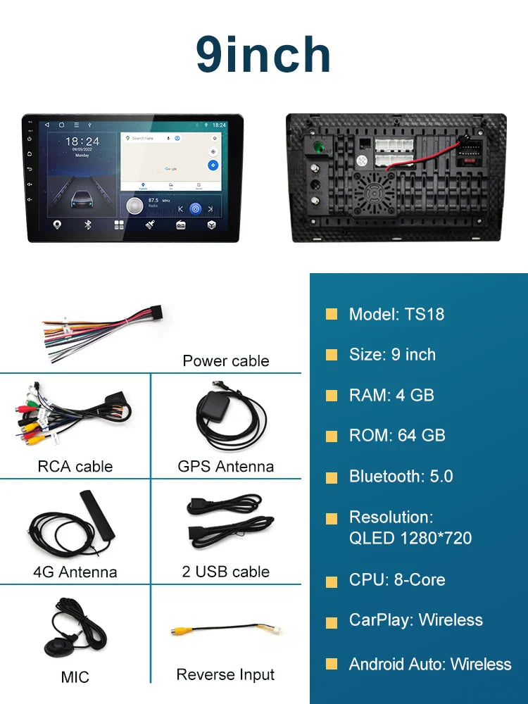 1DIN android 13 TS18 QLED 1280 Car Radio 9/10inch Universal Host Player Navigation Video Multimedia For lada hyundai Suzuki Ford