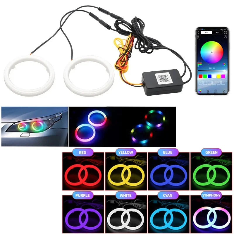 2PCS Car Colorful Cotton LED Angel Eyes Halo Rings APP Control Headlight Lamps Daytime Running Light for Car Offroad Motorcycle