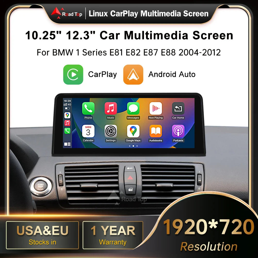 RoadTop Wireless CarPlay Android Auto For BMW Series 1 E81 E82 E87 E88 CCC CIC System Multimedia Display Screen