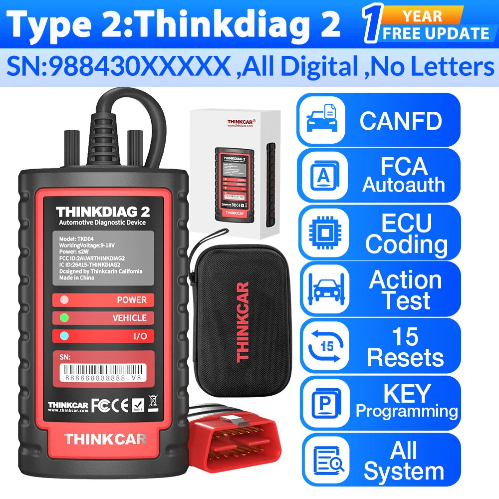 THINKCAR Thinkdiag 2 All System Support CAN FD Protocols OBD2 Scanner Full Car 15 Reset ECU Coding Active Test