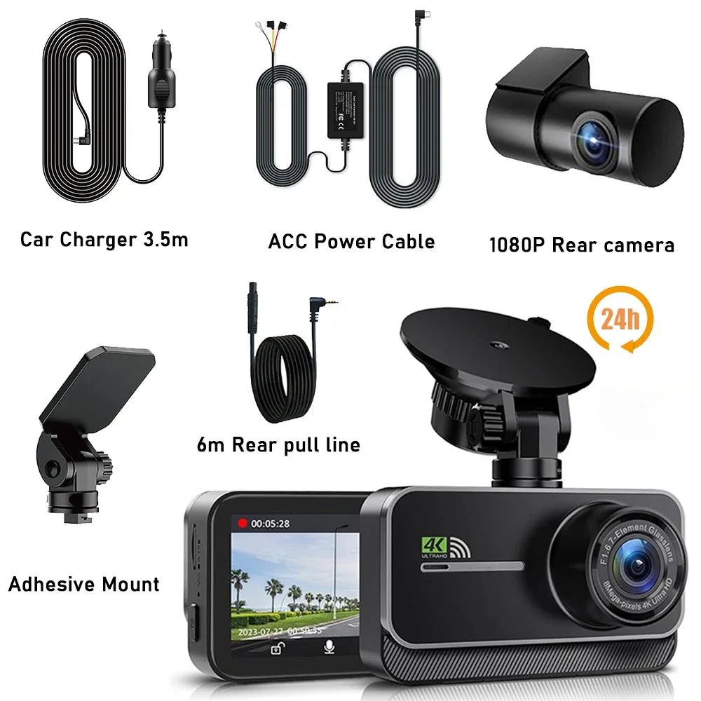 Real 4K WiFi Dual Dash Cam,Optional Rear/Cabin Camera,3" IPS Screen with Night Vision,24H Parking Mode Dashboard Camera Recorder