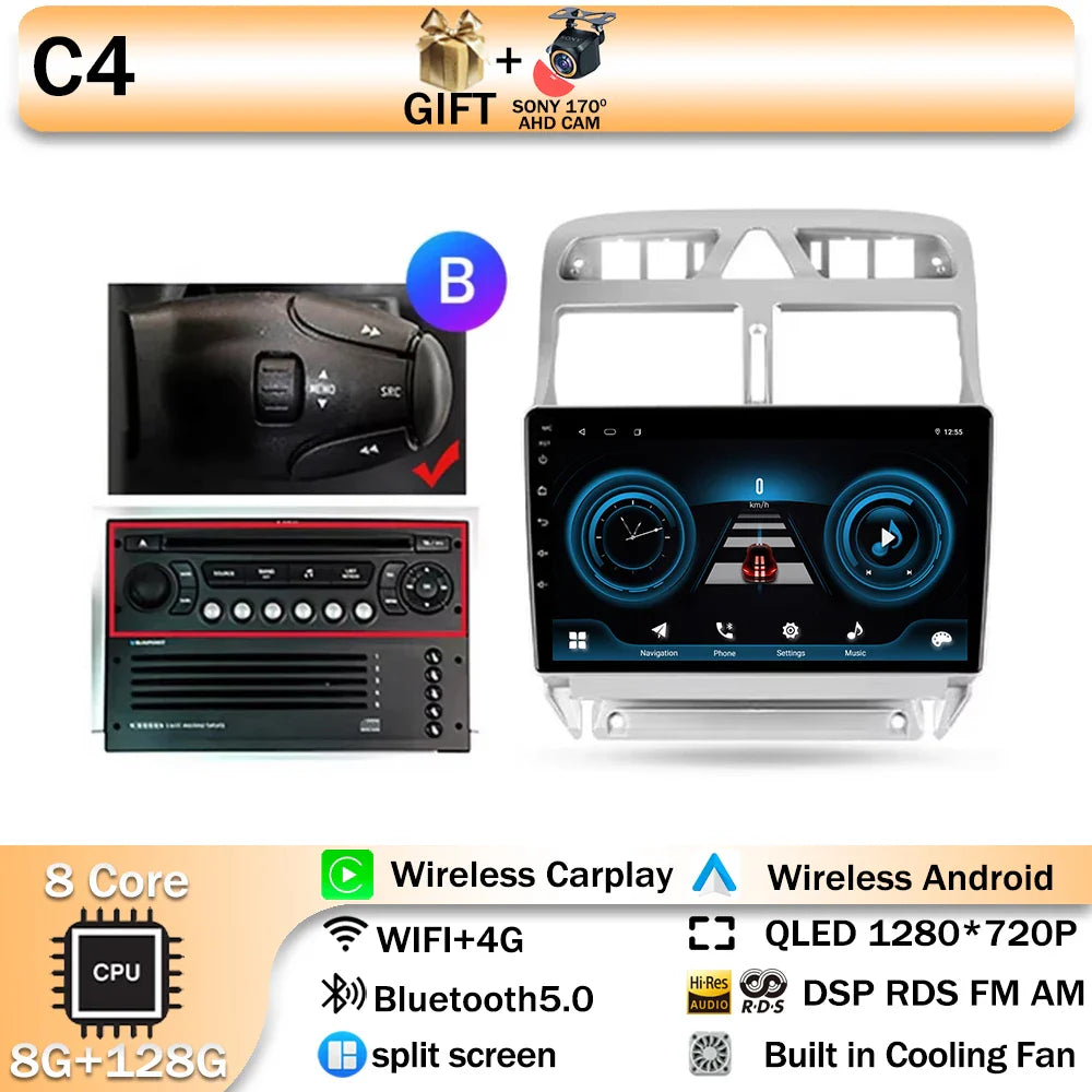 Carplay 2din Android 14 Car Radio Multimedia Gps Navigation For Peugeot 307 307CC 307SW 2002-2013 Stereo 2 DIN 4G WIFI Head Unit