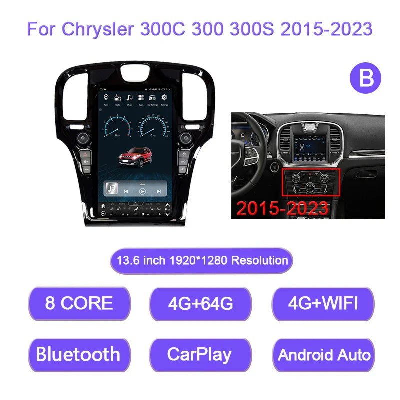 13.6 Inch For Chrysler 300C 300 300S 2011-2023 Android 12 8-Core 8G+128G Car Multimedia Player Stereo Receiver Radio GPS 4G WIFI