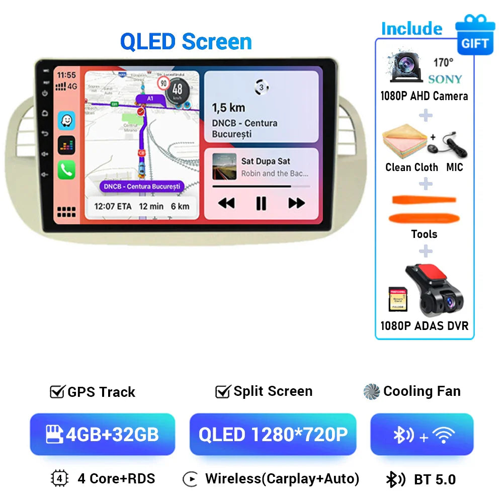 Android 15 8+256G For Fiat 500 Car Radio Stereo GPS Navigation Mirror Connection Split Screen Multimedia Carplay Auto Player DSP