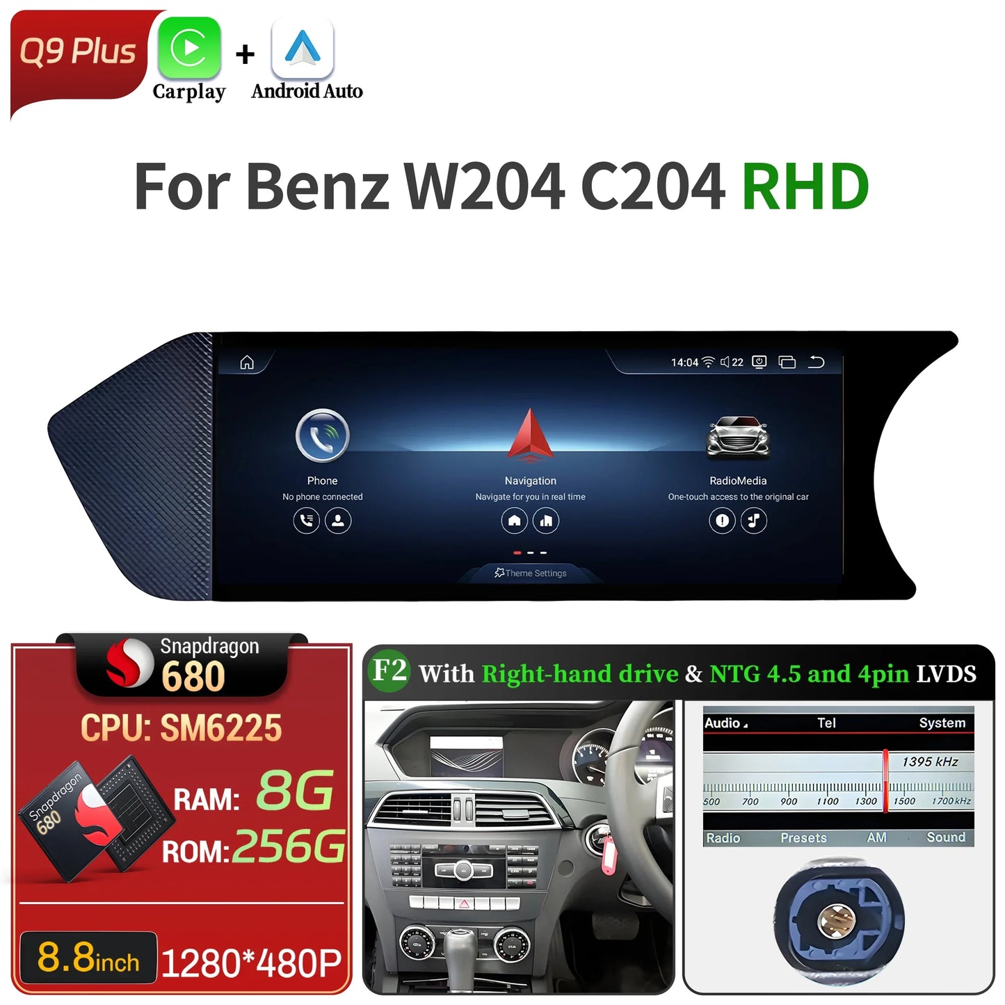 8.8 inch Android 14 For Mercedes Benz C Class W204 S204 2011-2015 Car Radio BT Carplay Qualcomm Snapdragon 680 Head Unit Screen
