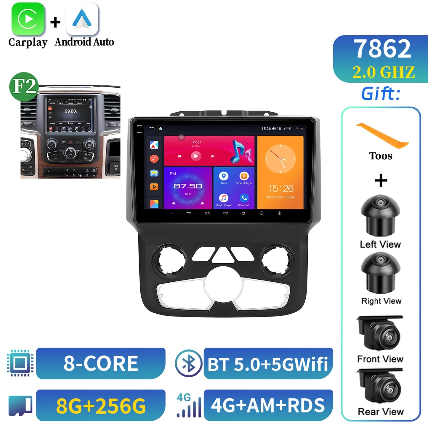 For Dodge RAM 1500 2500 2013-2019 Android 14 Multimedia Navigation Stereo Car Radio Wireless Carplay 2K QLED Head Unit Screen