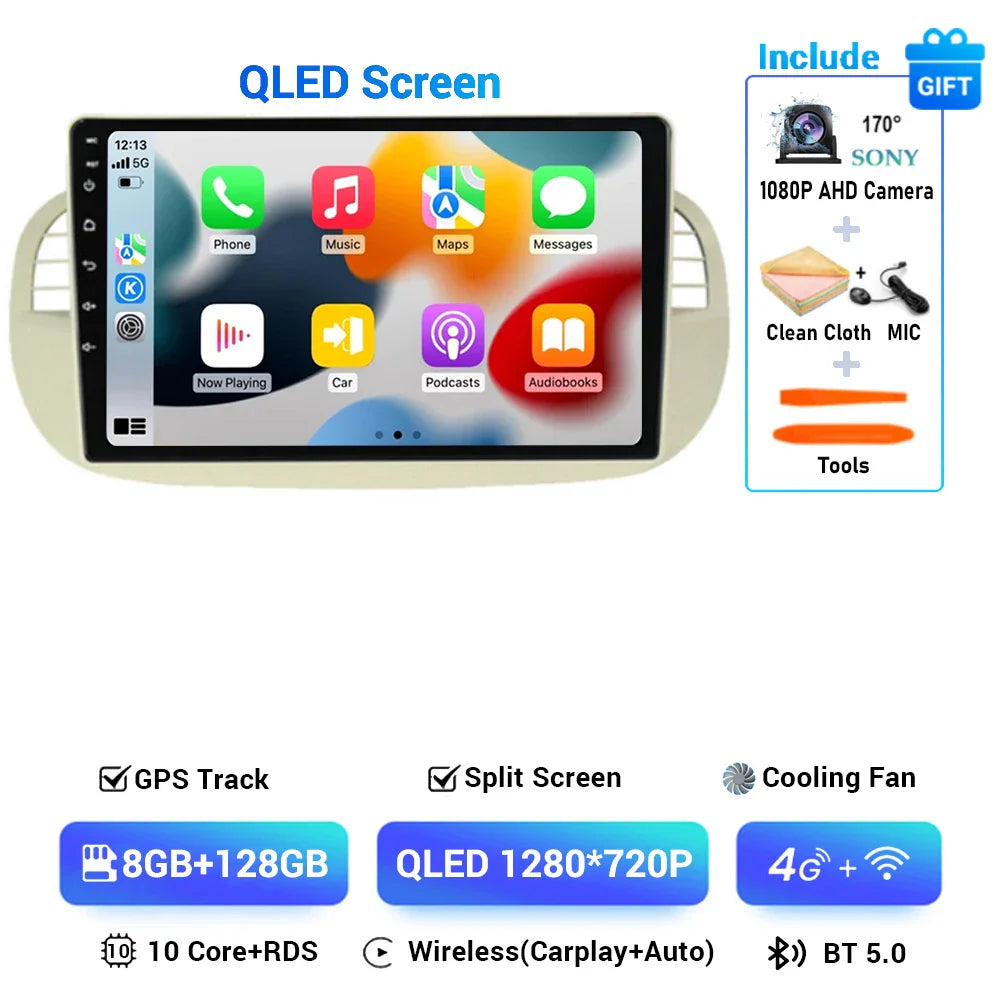 Android 15 8+256G For Fiat 500 Car Radio Stereo GPS Navigation Mirror Connection Split Screen Multimedia Carplay Auto Player DSP