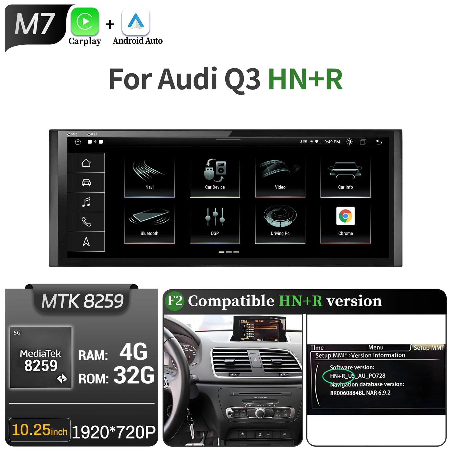 10.25 inch Android 14 For Audi Q3 2011-2018 Car Radio Wireless Bluetooth Carplay Qualcomm Snapdragon 680 Head Unit Touch Screen