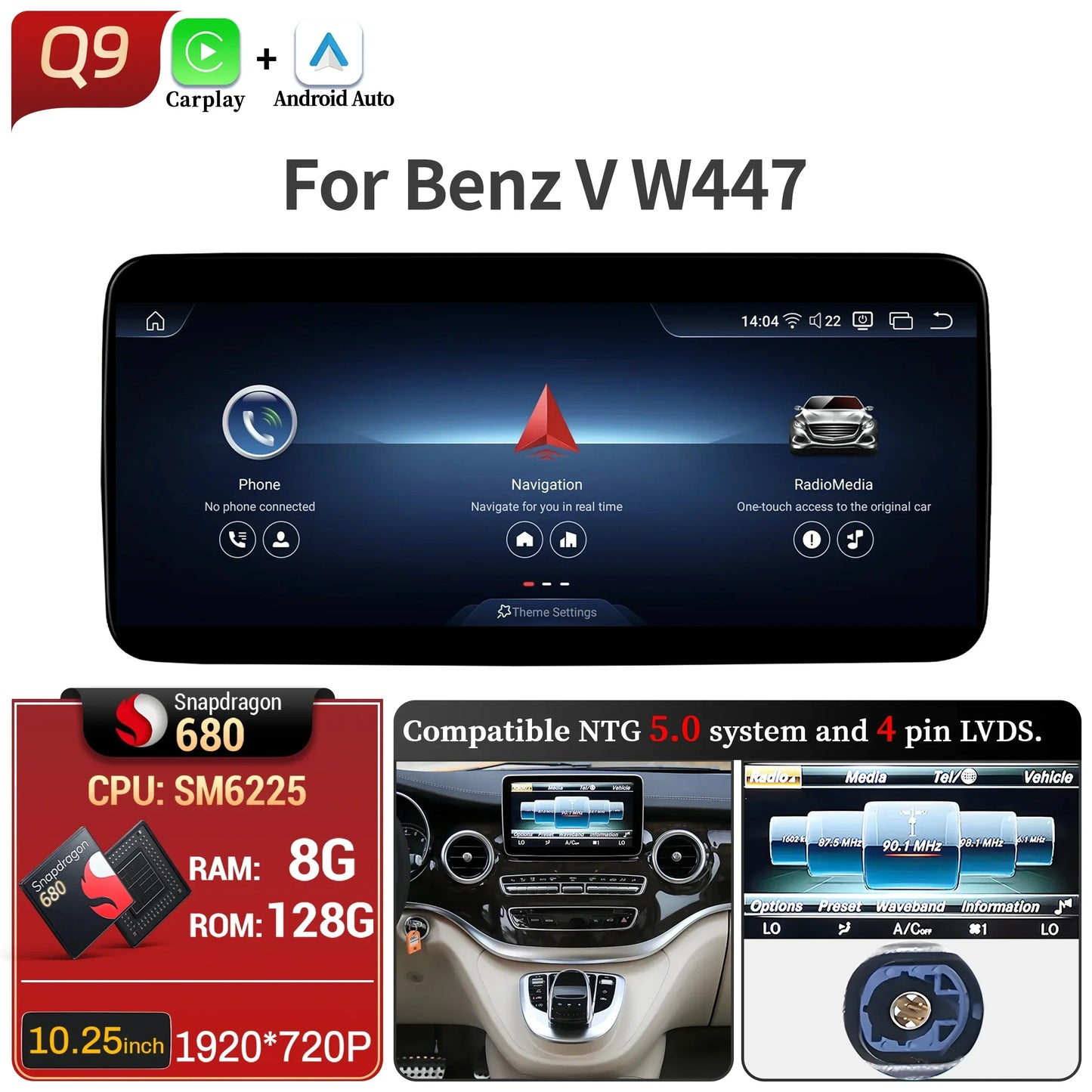 Car Radio For Mercedes Benz V Class W447 V250 V260 V350 Android 14 4G Wireless BT Carplay Snapdragon 680 Head Unit Touch Screen