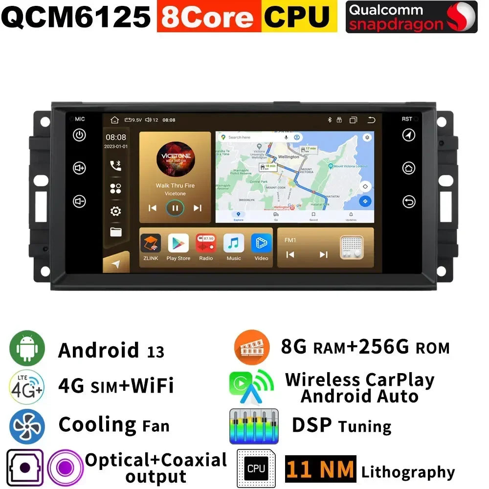 7862 8G+256G Android 13 Car GPS Navigation Radio Screen For Jeep Cherokee Wrangler Patriot Liberty Dodge RAM 1500 Stereo CarPlay