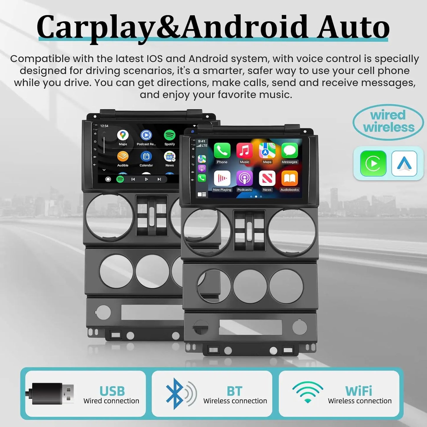 2+32G 9 Inch Touchscreen for Jeep Wrangler (4 Doors) 2007 2008 2009 2010 with Wireless Apple Carplay and Android Auto