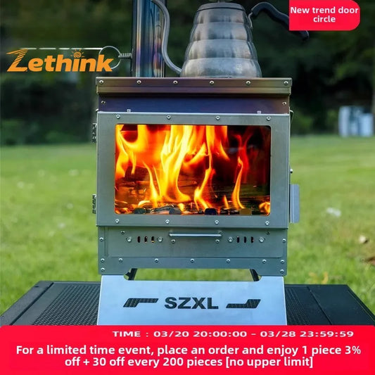Camping Tent Stove Stainless Steel Smokeless Fireplace Secondary Burning Wood Stove Large Glass Window Firewood Heater
