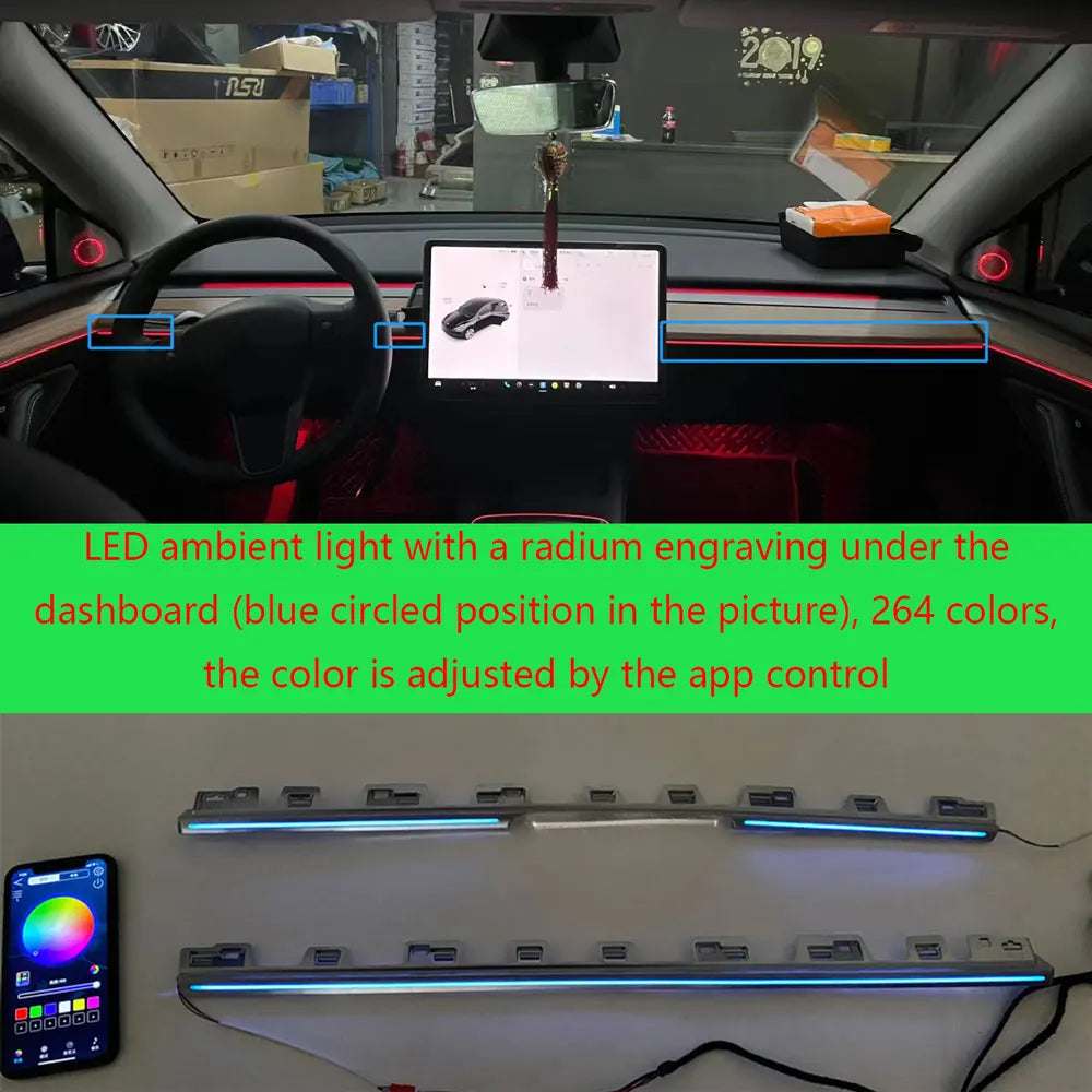 256 colors LED ambient light for Tesla model 3/Y under the center dashboard LED ambient light app control adjustment color
