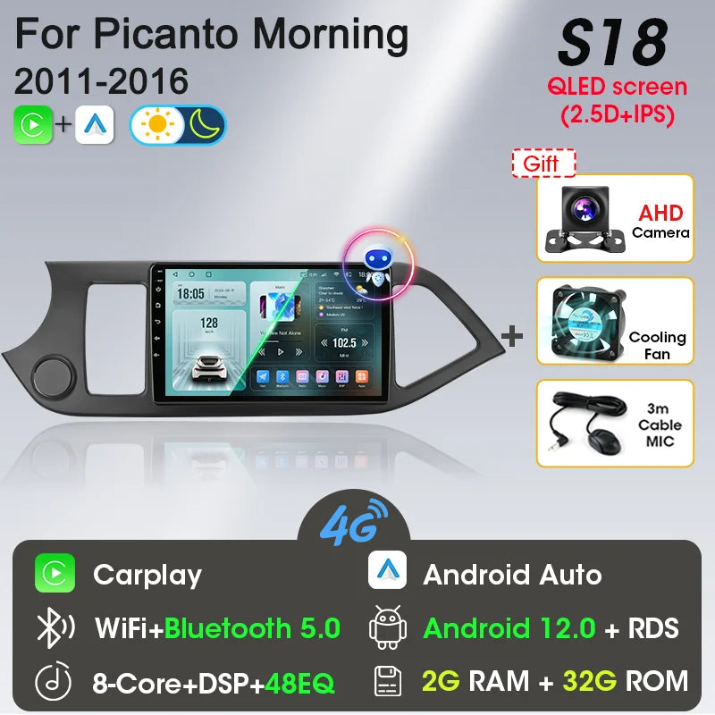 2 Din Android 12 Car Radio Carplay for KIA PICANTO Morning 2 2011 2012 2013 2014 2015 2016 Multimedia Player Navigation DVD Head