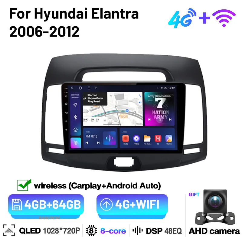 2Din Car Radio Android 13 Multimedia Player GPS Navigation Stereo Carplay Bluetooth Autoradio For Hyundai Elantra 4 2006-2012