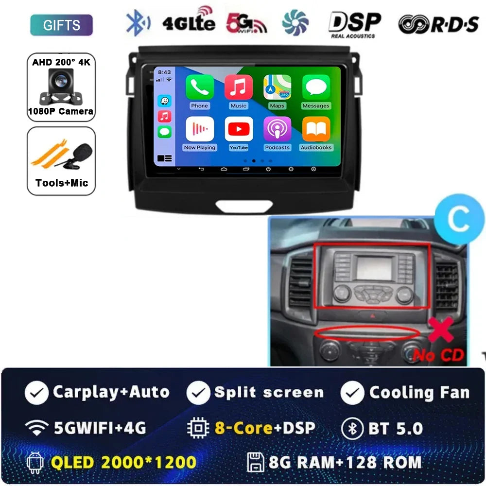 Android 15 Car Radio Stereo QLED Screen For Ford Ranger 2015 2016 2017 2018 2019-2022 GPS Multimedia Carplay Autoradio Head unit