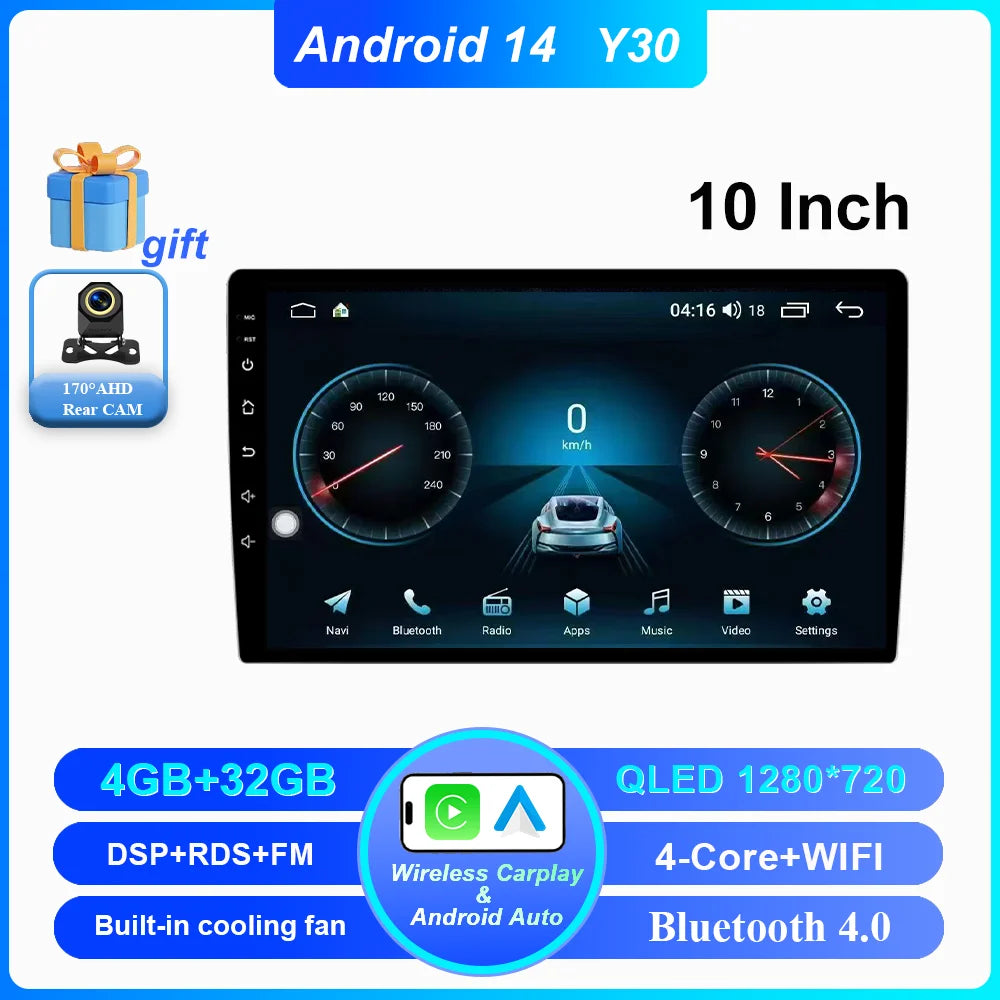 Android 14 CarPlay car radio Android Auto GPS multimedia player 2 DIN universal 9/10 inch Car stereo WiFi player QLED Screen BT