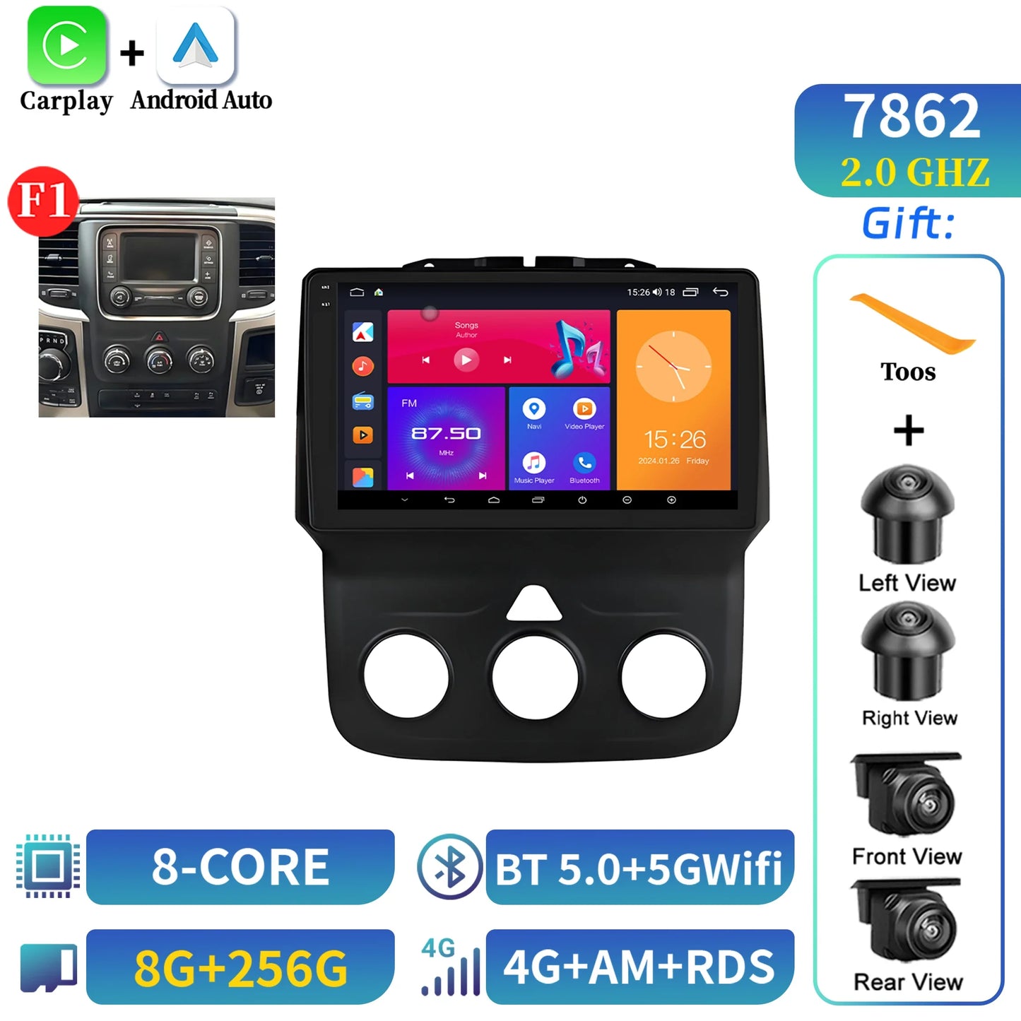 For Dodge RAM 1500 2500 2013-2019 Android 14 Multimedia Navigation Stereo Car Radio Wireless Carplay 2K QLED Head Unit Screen