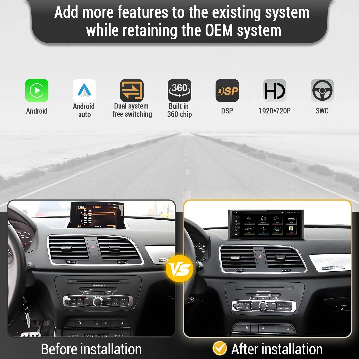 10.25 inch Android 14 For Audi Q3 2011-2018 Car Radio Wireless Bluetooth Carplay Qualcomm Snapdragon 680 Head Unit Touch Screen