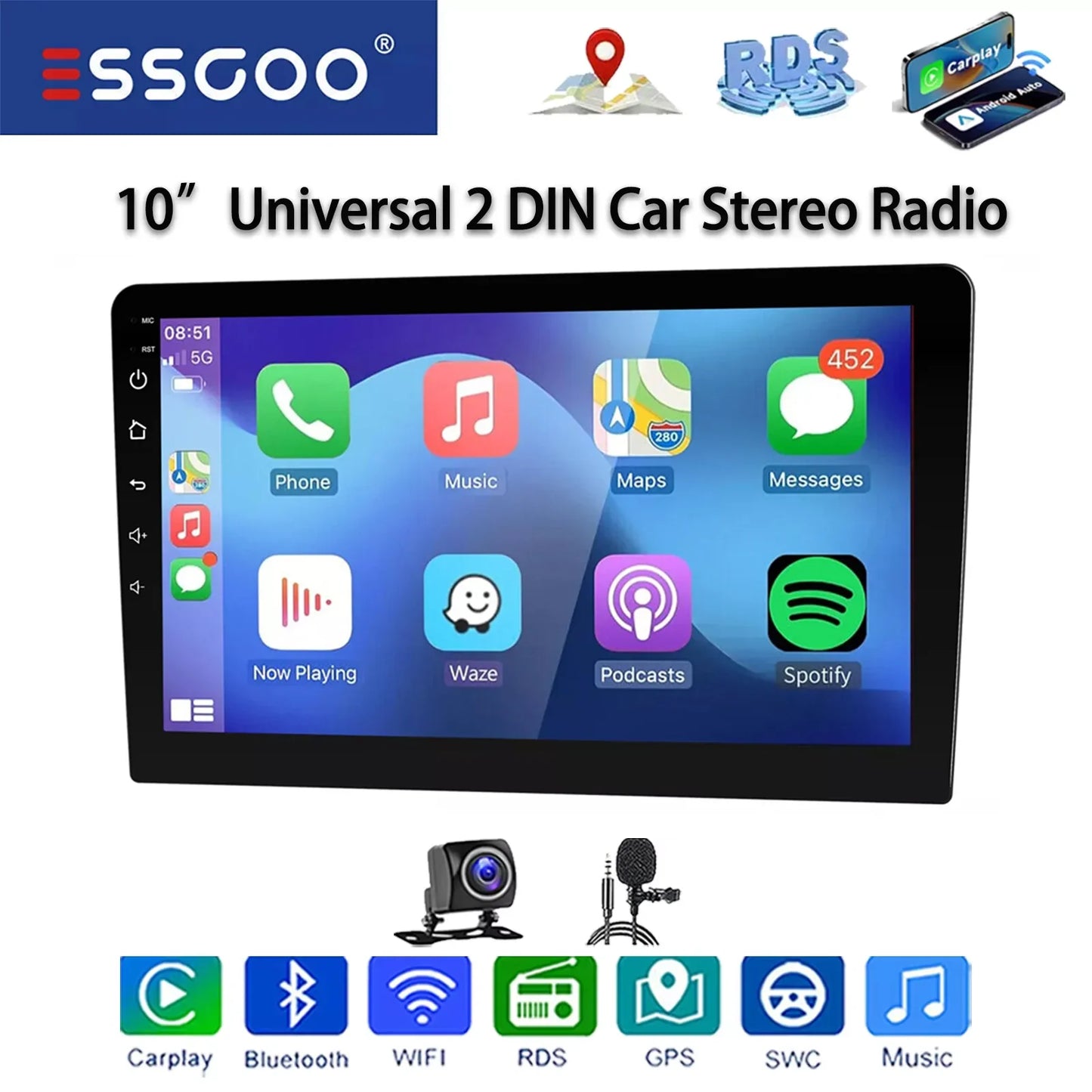 ESSGOO 10“ Android 13 Wireless Carplay Car Stereo Multimedia Player Radio 2 DIN GPS Navigation BT WIFI Universal For VW Nissan