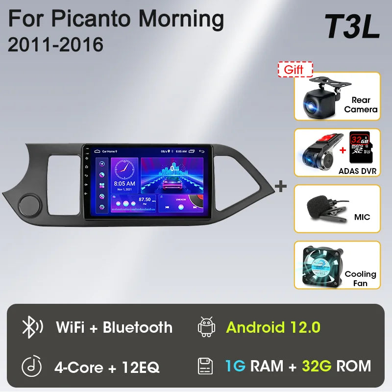 2 Din Android 12 Car Radio Carplay for KIA PICANTO Morning 2 2011 2012 2013 2014 2015 2016 Multimedia Player Navigation DVD Head