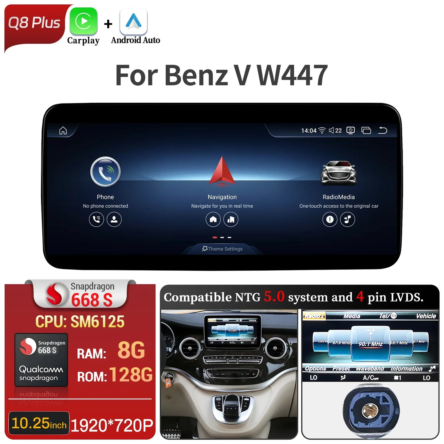 Car Radio For Mercedes Benz V Class W447 V250 V260 V350 Android 14 4G Wireless BT Carplay Snapdragon 680 Head Unit Touch Screen