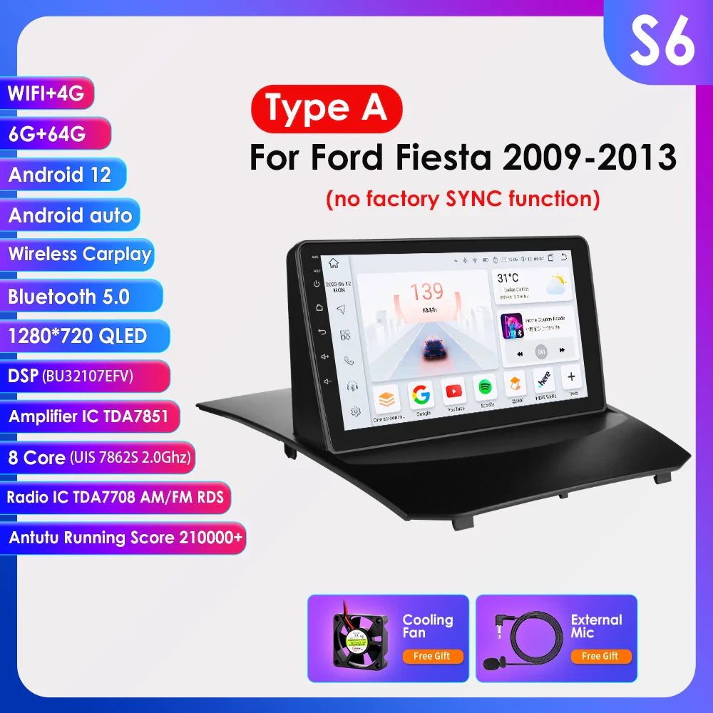 Hizpo 9 Inch Car Radio for Ford Fiesta 2009 - 2017 2din Android Multimedia Video Player GPS Navi Wireless Carplay Auto Screen