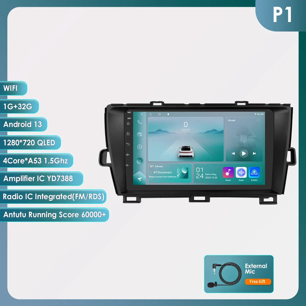 For Toyota Prius 3 XW30 2009-2015 Android 13 Car Radio Multimedia Video Player GPS Navigation Carplay 4G QLED Screen DSP Stereo