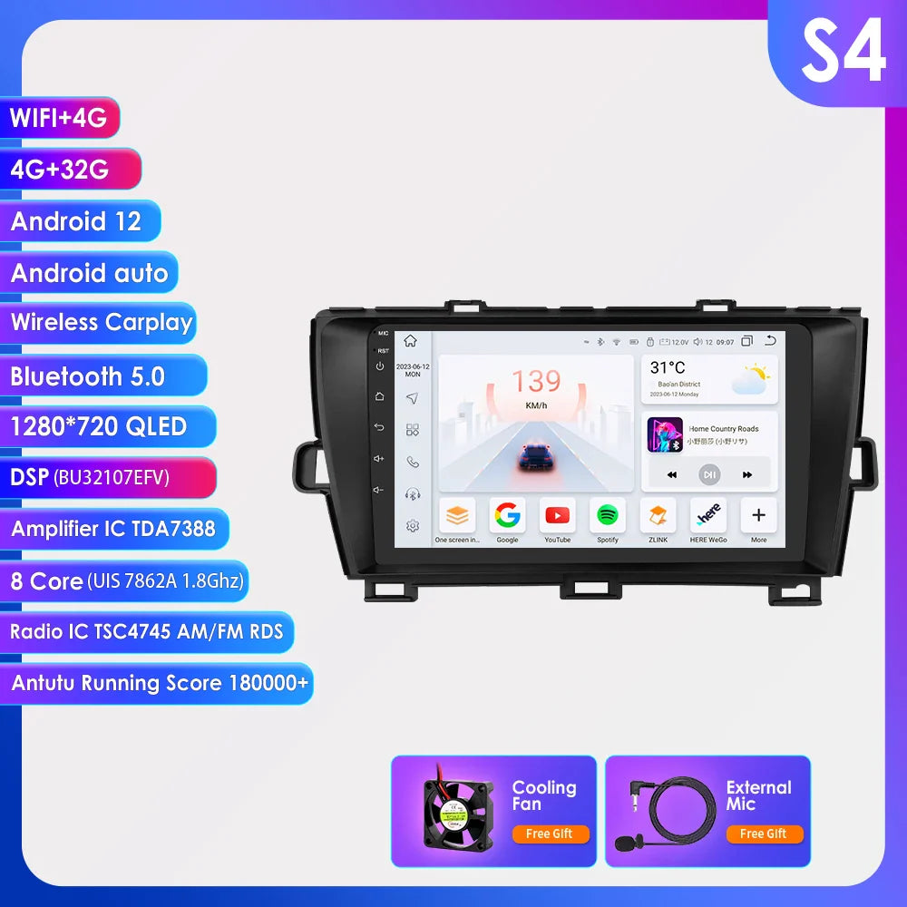 For Toyota Prius 3 XW30 2009-2015 Android 13 Car Radio Multimedia Video Player GPS Navigation Carplay 4G QLED Screen DSP Stereo
