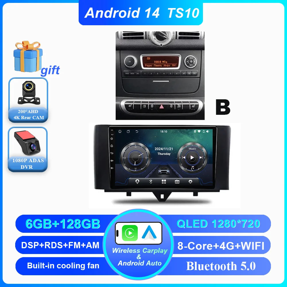 Car Android 14 GPS Navigation For Mercedes Benz Smart Fortwo 451 2010 - 2015 Auto Radio Stereo Multimidia Player Carplay NO 2DIN