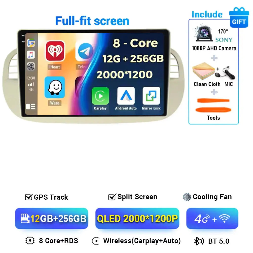 Android 15 8+256G For Fiat 500 Car Radio Stereo GPS Navigation Mirror Connection Split Screen Multimedia Carplay Auto Player DSP
