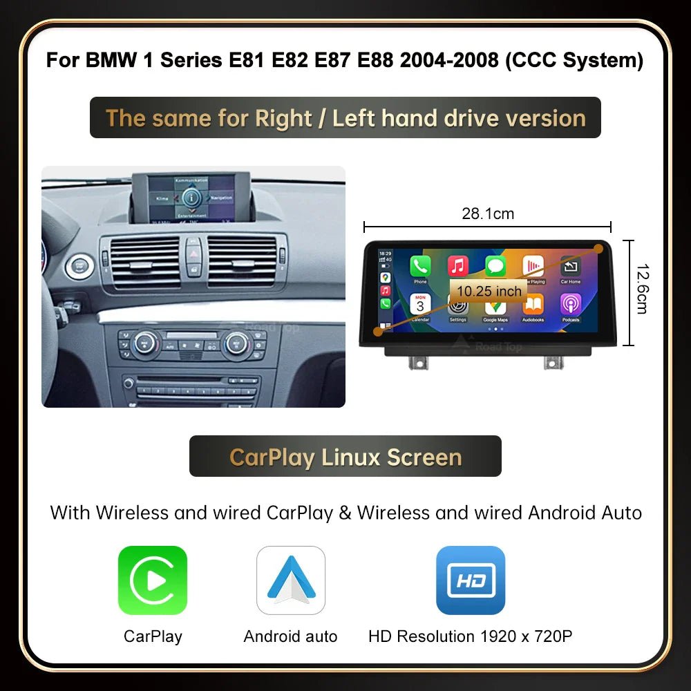 RoadTop Wireless CarPlay Android Auto For BMW Series 1 E81 E82 E87 E88 CCC CIC System Multimedia Display Screen
