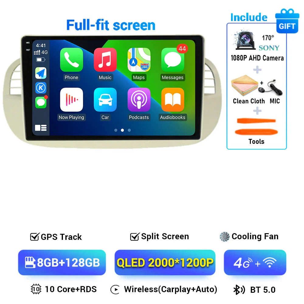Android 15 8+256G For Fiat 500 Car Radio Stereo GPS Navigation Mirror Connection Split Screen Multimedia Carplay Auto Player DSP
