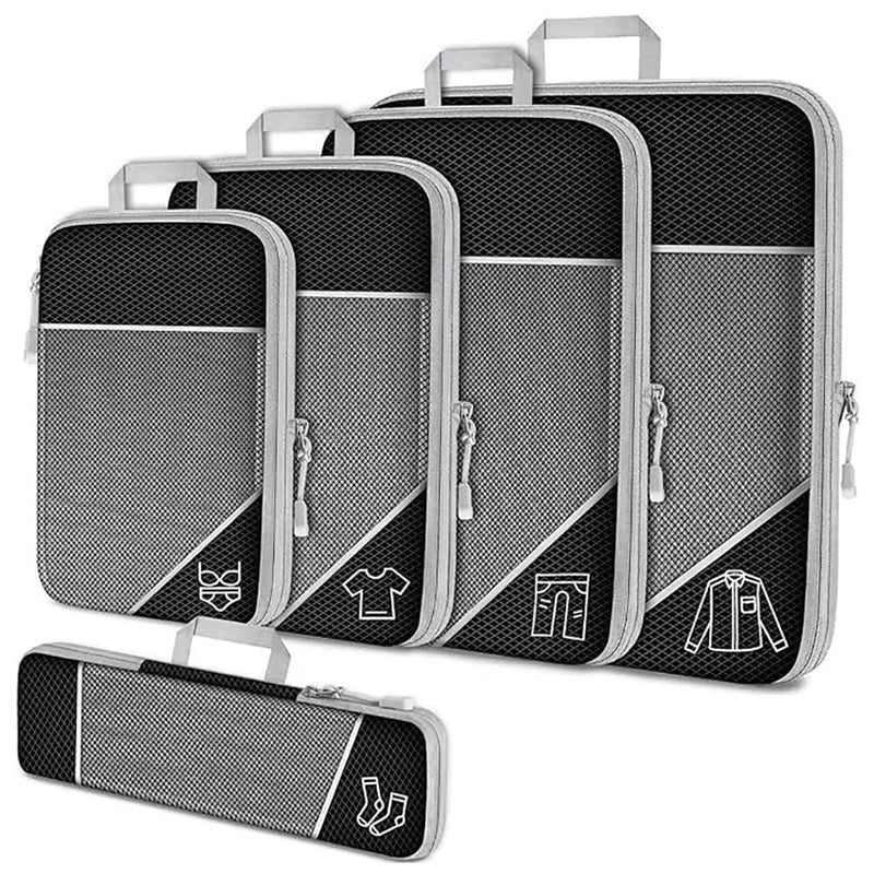 5 Pieces Travel Organizer Bag Set Clothes Compression Cubes For Plane Travel Essentials Storage Bags Suitcase Mesh Packing Cubes