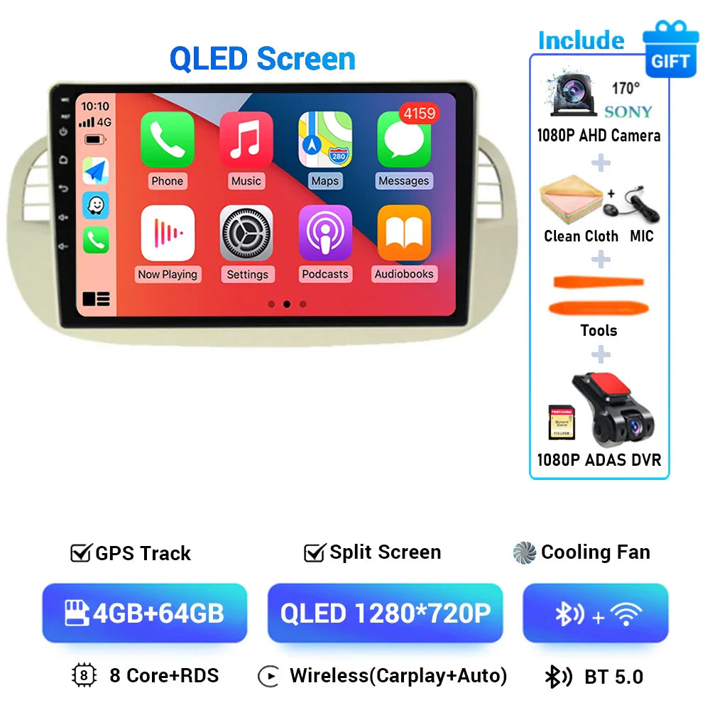 Android 15 8+256G For Fiat 500 Car Radio Stereo GPS Navigation Mirror Connection Split Screen Multimedia Carplay Auto Player DSP