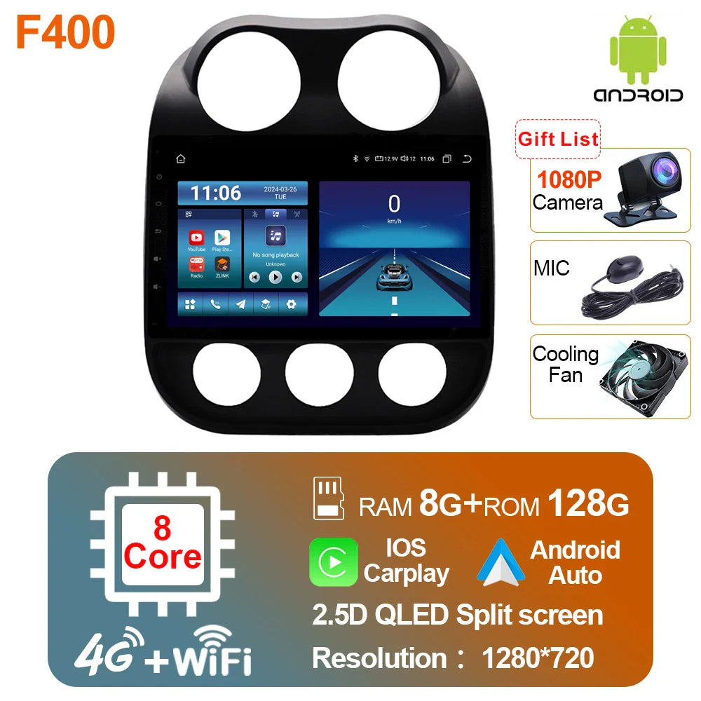 2 Din Car Radio Android 13 For JEEP Compass 2009 - 2016 Multimedia Video Player Carplay Auto Stereo GPS Navigation Autoradio DSP