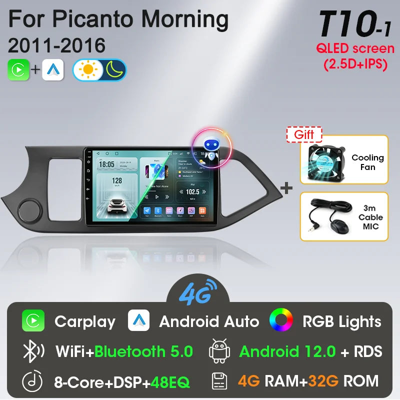 2 Din Android 12 Car Radio Carplay for KIA PICANTO Morning 2 2011 2012 2013 2014 2015 2016 Multimedia Player Navigation DVD Head
