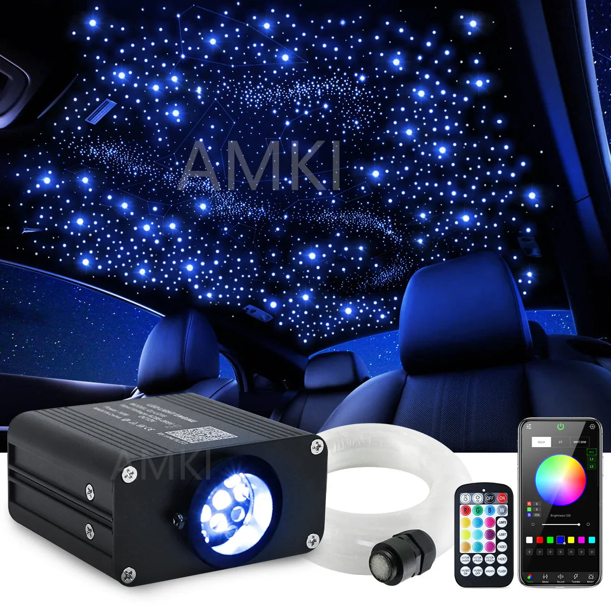 16W Twinkle Starry Sky Car Star Ceiling Light RGBW Fiber Optic Light Smart APP Bluetooth Car Roof Star Interior Atmosphere Light