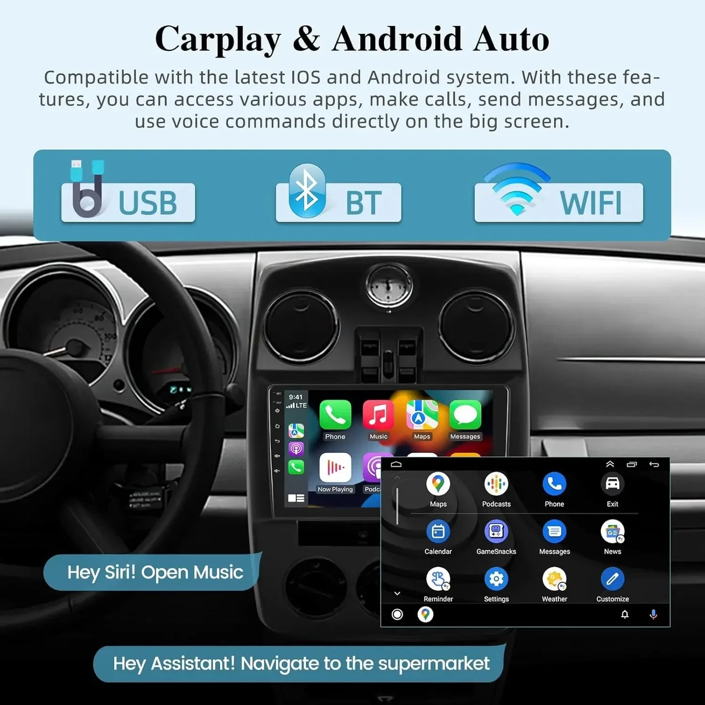 For Chrysler PT Cruiser 2006-2010 Wireless Carplay&Android Auto 9" Touchscreen Car Stereo with Hi-Fi/WiFi/CPS+AHD Backup Camera