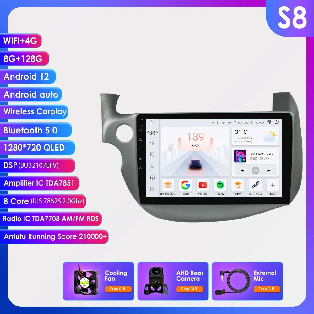 Hizpo 2 Din Android 13 Car Radio For HONDA FIT JAZZ 2007-2013 Multimedia Video Player AI Voice Wireless CarPlay Auto Head Unit