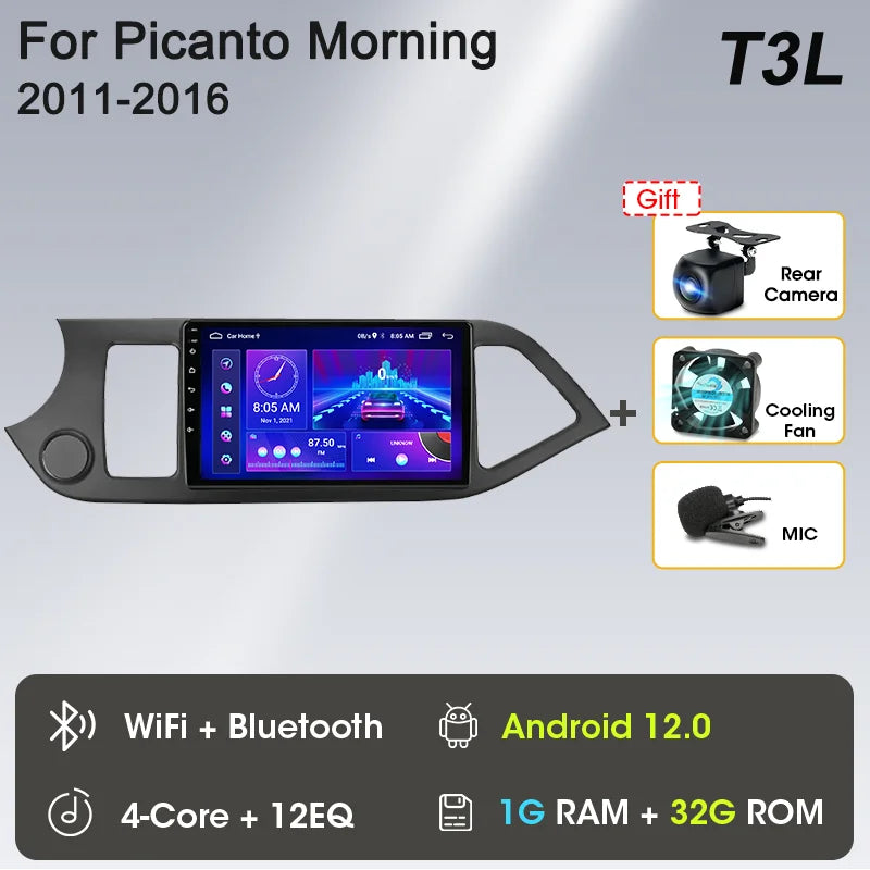 2 Din Android 12 Car Radio Carplay for KIA PICANTO Morning 2 2011 2012 2013 2014 2015 2016 Multimedia Player Navigation DVD Head