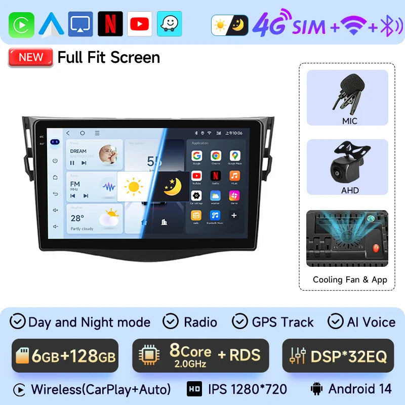 JIUYIN Car Radio For Toyota RAV4 Rav 4 2005-2013 Android 14 Multimedia Player 2Din Carplay DSP Navigation GPS 4G WIFI stereo