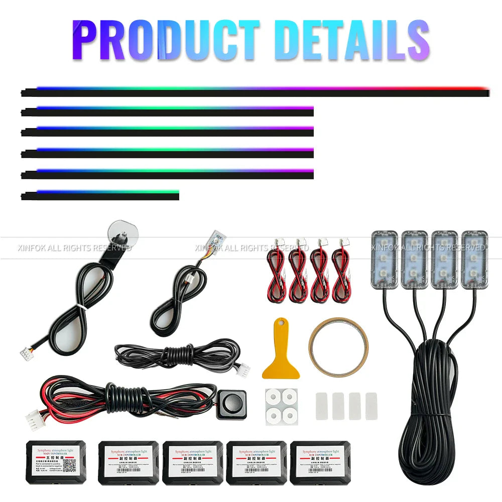 14 in 1 Dual Zone Symphony LED Car Ambient Lights RGB 64 Colors Interior Rainbow Acrylic Strip Neon Atmosphere Lighting Kit App