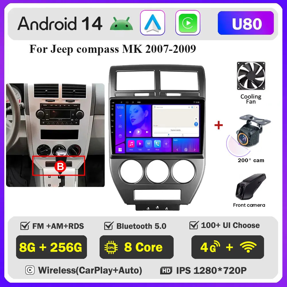 Android 14 Car For Dodge Caliber 2007-2010 For Jeep compass MK 2007-2009 stereo Radio Wireless Carplay Android Auto Radio Stereo
