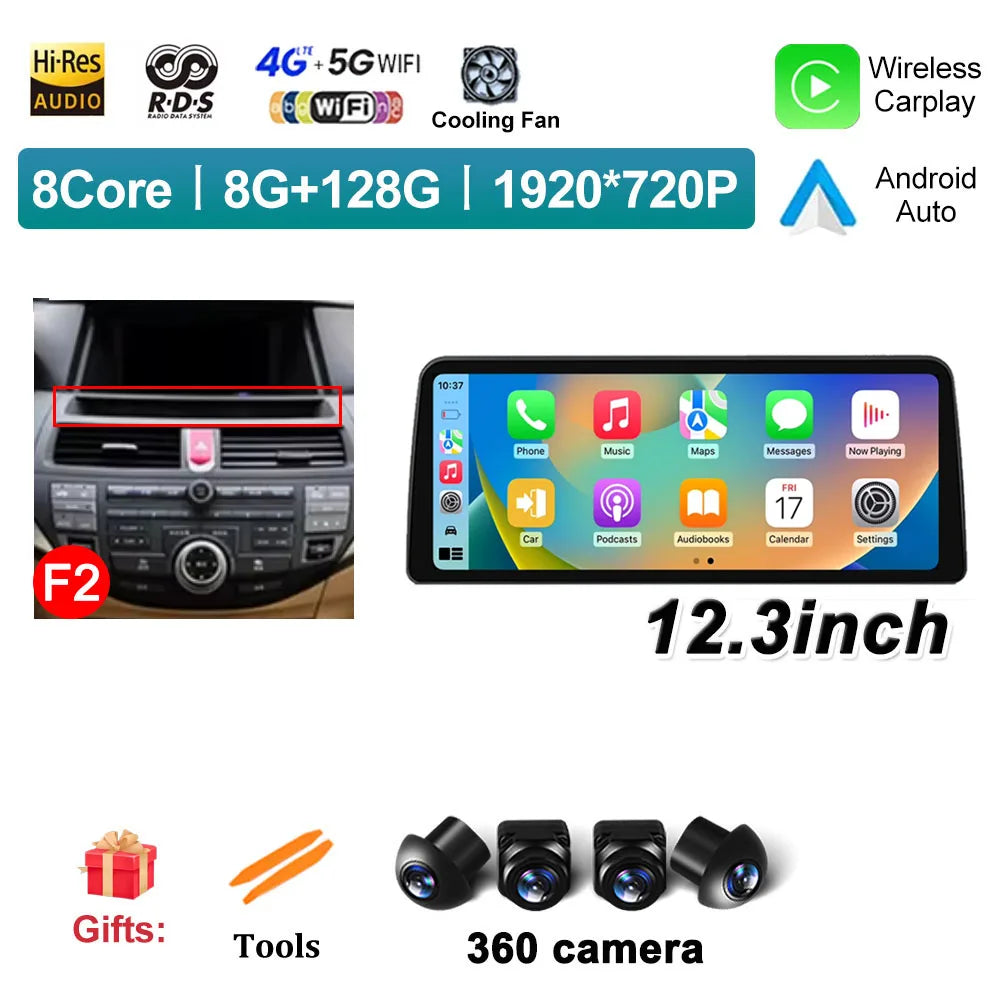 12.3 inch Android 14 for Honda Accord 8 2008 2009 - 2013 Car Multimedia Radio Player Wireless Carplay Monitor GPS Navigation BT